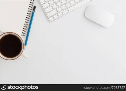 Flat lay photo of office desk with mouse and pencil on white background,Top view of coffee and office equipment
