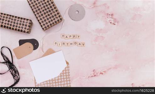 flat lay pink birthday supplies with copy space
