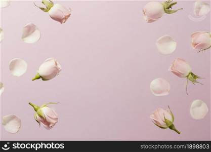 flat lay pink spring roses with copy space 2. Resolution and high quality beautiful photo. flat lay pink spring roses with copy space 2. High quality beautiful photo concept