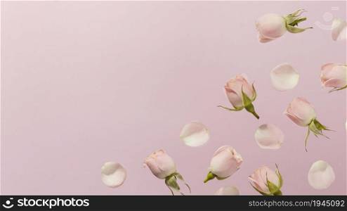 flat lay pink spring roses with . High resolution photo. flat lay pink spring roses with . High quality photo