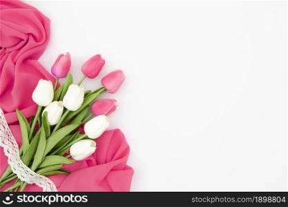 flat lay pink white tulips. Resolution and high quality beautiful photo. flat lay pink white tulips. High quality beautiful photo concept