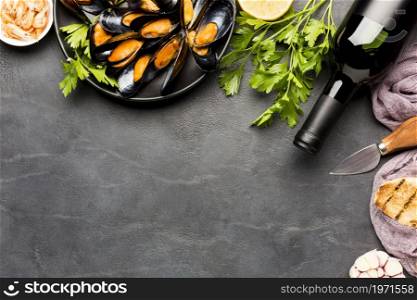 flat lay plate cooked mussels wine copyspace. High resolution photo. flat lay plate cooked mussels wine copyspace. High quality photo