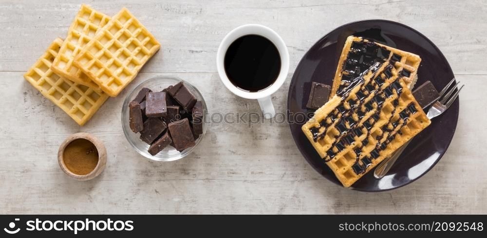 flat lay plate with chocolate waffles