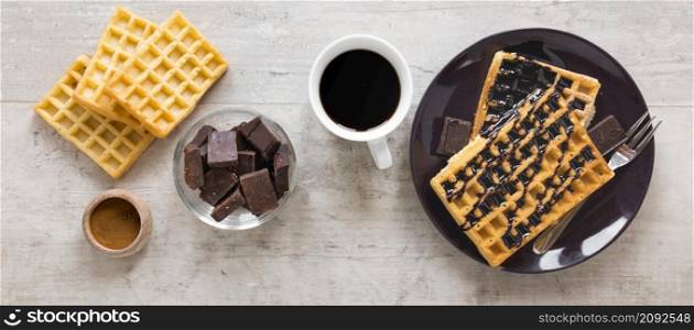 flat lay plate with chocolate waffles