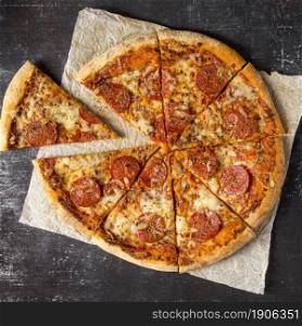 flat lay slices salami pizza. High resolution photo. flat lay slices salami pizza. High quality photo