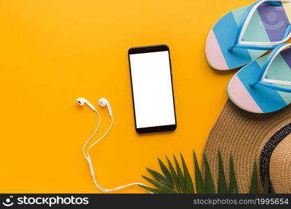 flat lay smartphone with summer vacation concept
