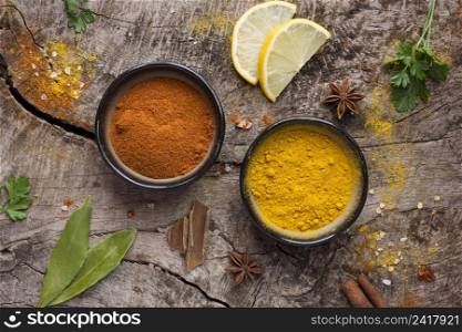 flat lay spices lemon slices