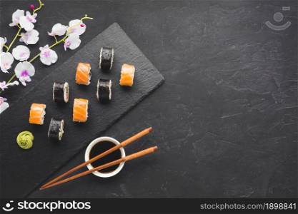 flat lay sushi arrangement with copy space. Resolution and high quality beautiful photo. flat lay sushi arrangement with copy space. High quality beautiful photo concept