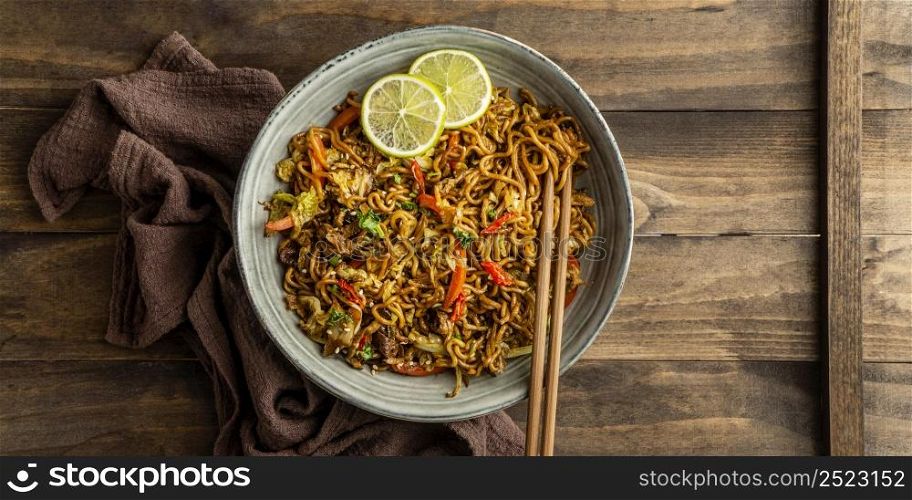 flat lay tasty composition noodles table