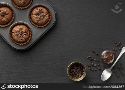 flat lay tasty muffin dark copy space background