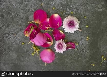 Flat lay top down view image of romantic vintage look of flower petals still life on rustic old worn background