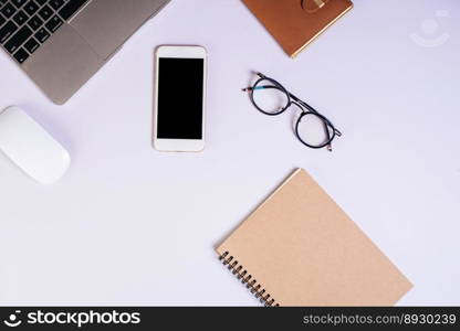 Flat lay, top view office table desk. Workspace background