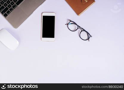 Flat lay, top view office table desk. Workspace background