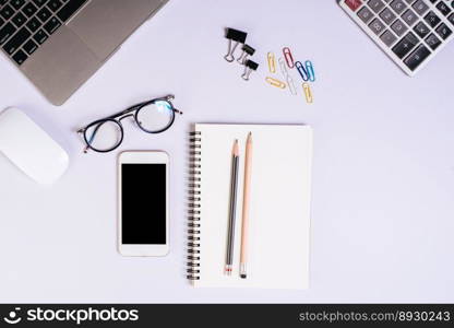 Flat lay, top view office table desk. Workspace background