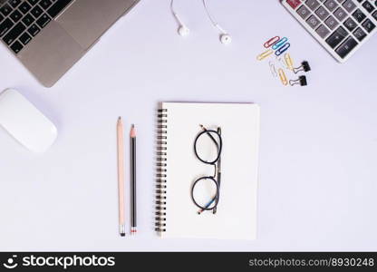 Flat lay, top view office table desk. Workspace background