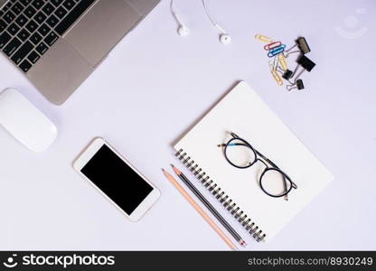 Flat lay, top view office table desk. Workspace background