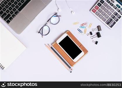 Flat lay, top view office table desk. Workspace background