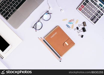 Flat lay, top view office table desk. Workspace background