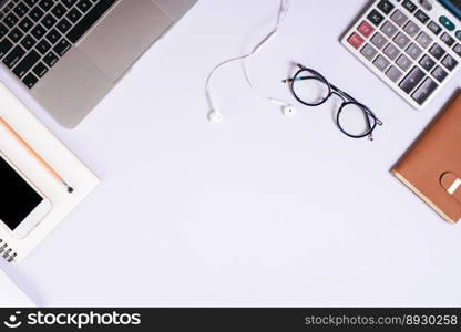 Flat lay, top view office table desk. Workspace background