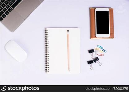 Flat lay, top view office table desk. Workspace background