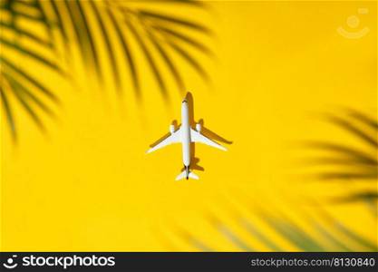 Flat lay traveler accessories on yellow background with blank space for text. Top view travel or vacation concept. Summer background, banner