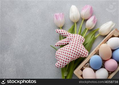 flat lay tulips colorful easter eggs box
