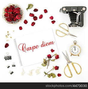 Flat lay with sketchbook, red rose, vintage camera, scissors on white background. Mock up flowers. Sample text Carpe diem