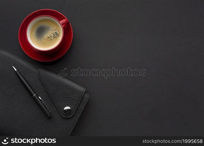 flat lay work desk with agenda coffee cup