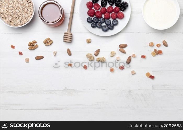 flat lay yougurt with fruits