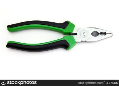 Flat-nose pliers with green handles and black strips on a white background