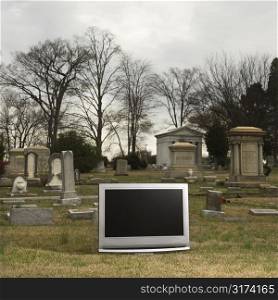 Flat panel television set in cemetary.