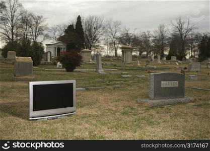 Flat panel television set in cemetary next to headstone.
