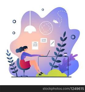 Flat Remote Work in Nature Vector Illustration. Girl Sitting at Desk with Laptop and Dreams Summer Vacation. Work Day Planning During Summer Season. Holiday Travel Choices Cartoon Flat.