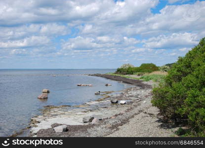 Flat rock coastline at the swedish island Oland in the Baltic Sea. Flat rock coastline