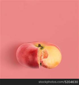 Flat saturn peach background. Fresh saturn peach on pink background, view from above
