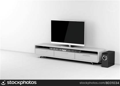 Flat screen tv with audio system on tv stand