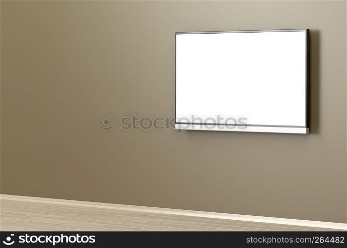 Flat screen tv with white empty screen on brown wall