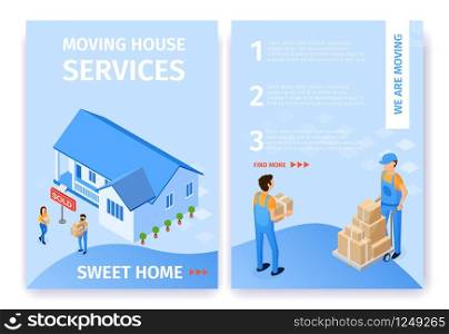 Flat Set Moving House Services Sweet Home Vector. Cleaning Packed Items, Furniture Assembled with Arrangement. Order Transportation and Arrival Movers Pickers Illustration Landing Page.