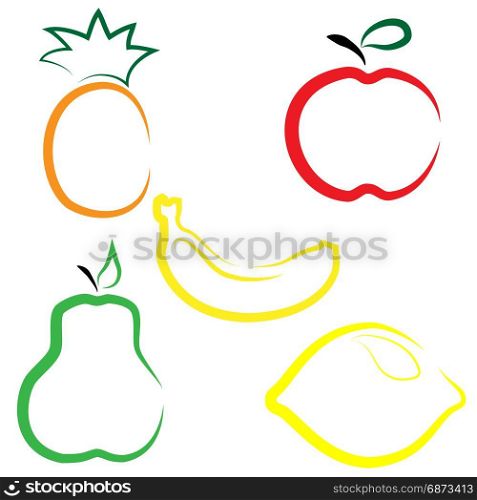 Flat set of fruits. Set of different fruits. Flat icons in cartoon style on white background. Pineapple, pear, lemon, banana and apple.