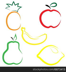 Flat set of fruits. Set of different fruits. Flat icons in cartoon style on white background. Pineapple, pear, lemon, banana and apple.