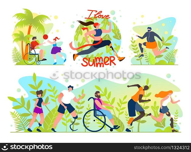 Flat Set Social Flyer Inscription I Love Summer. Special Care for People with Disabilities. People with Disabilities Need to be Physically Active and Entertaining. Vector Illustration.
