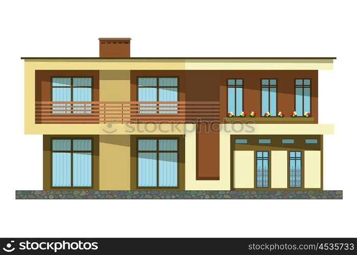 Flat style. Cartoon building. Modern two-storey private house with a sloping roof on a white background. Isolate. Icon Building. Element for the site estate agency. Symbol of wealth and success.
