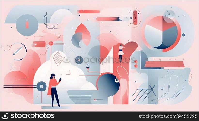 Flat tiny product development persons concept. Symbolic and abstract banner with increased technological value presentation and productivity process. AI Generated.. Flat tiny product development persons concept. Symbolic and abstract banner with increased technological value presentation and productivity process.
