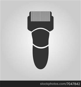 Flat trendy dark icon with electric man shaver isolated from gray background. Woman trimmer for shaving. Classic safety razor.. Flat trendy dark icon with electric shaver isolated from gray background. Woman trimmer for shaving. Classic safety razor.