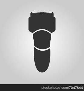 Flat trendy dark icon with electric man shaver isolated from gray background. Woman trimmer for shaving. Classic safety razor.. Flat trendy dark icon with electric shaver isolated from gray background. Woman trimmer for shaving. Classic safety razor.