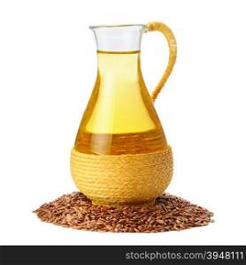 flax seeds and oil isolated on white background