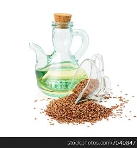 flax seeds and oil isolated on white background