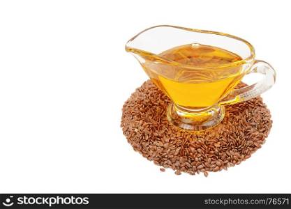 flax seeds and oil isolated on white background. Free space for text.