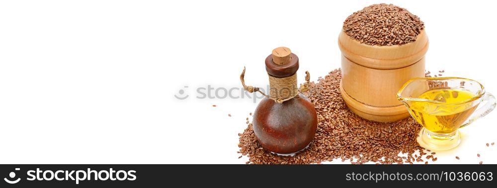 Flax seeds and oil isolated on white background. Healthy food. There is free space for your text. Wide photo.
