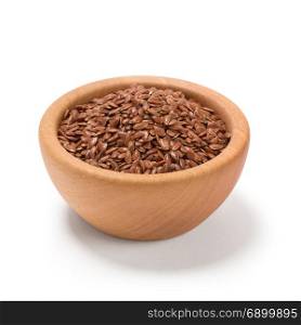 Flax seeds, Linseed, Lin seeds close-up brown flax seed or linseed in a wooden bowl, isolated on white.. Ground or crushed brown flax seed or linseed in a wooden bowl, isolated on white